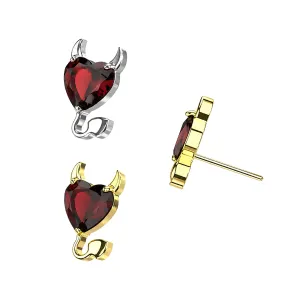 Main view of ASTM F-136 titanium devil heart top in plain titanium and gold PVD with a side profile of the 0.45mm threadless pin.