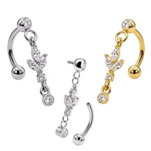 ASTM F-136 titanium marquise leaf cluster dangle internal thread curved barbell shown in plain titanium and Gold PVD variants with clear CZ stones and 3mm ball end.
