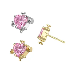 ASTM F-136 Titanium Pierced Pink Heart CZ with Nail Accents Threadless Top – Universal 18G/16G Fit