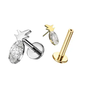 ASTM F-136 Titanium High-Polish and Gold PVD Pineapple CZ Threadless Labret Complete Set showing decorative top and labret post assembly (ETP283).