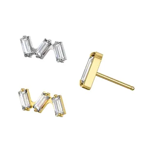 Main view of plain titanium and gold PVD triple baguette cluster threadless tops with side view of threadless pin (TST143)