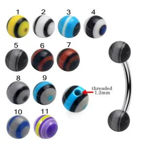 316L Surgical Steel Eyebrow Banana With  Fancy Stripes UV Balls