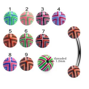 316L Surgical Steel Eyebrow Banana With Hand Painted Multi Stripes UV Balls