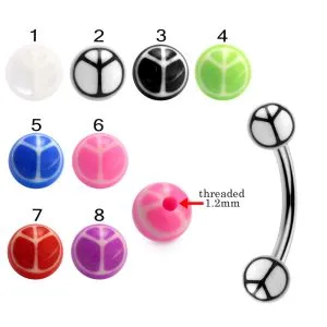 316L Surgical Steel Eyebrow Banana With Hand Painted Peace Sign UV Balls