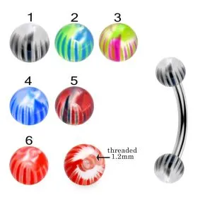 316L Surgical Steel Eyebrow Banana With  Multi Stripe Colorful UV Balls