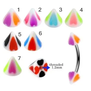 316L Surgical Steel Eyebrow Banana With Colorful Hearts UV Cones