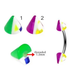 316L Surgical Steel Eyebrow Banana With Colorful Small Squares Inside UV Cones
