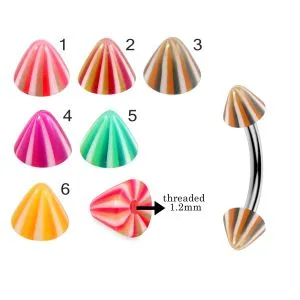 316L Surgical Steel Eyebrow Banana With Multi Colorful Stripes UV Cones