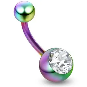 Rainbow PVD Anodized Clear CZ Jeweled 316L Steel Belly Banana