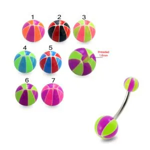 316L Surgical Steel Banana Belly Bar With Mix Color Basketball Printed UV Balls