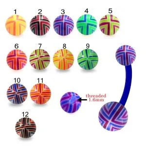 Bio Flex Banana Belly Bar With Fancy Stripe Colorful Hand Painted UV Balls