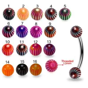 316L Surgical Steel Eyebrow Banana With Multi Color Stripe UV Balls
