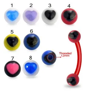 Red UV Eyebrow Banana Bar Ring with Black UV Heart Print Balls