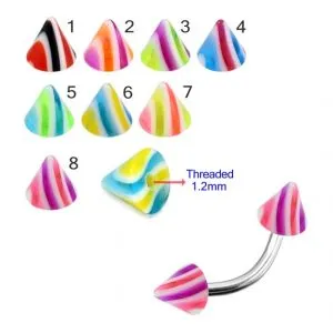 316L Surgical Steel Eyebrow Banana With Multi Stripes Colorful UV Cones