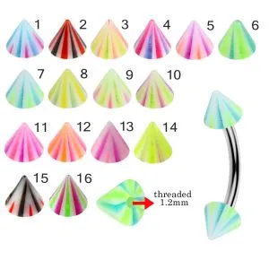 316L Surgical Steel Eyebrow Banana With Double Color Multi Stripe UV Cones