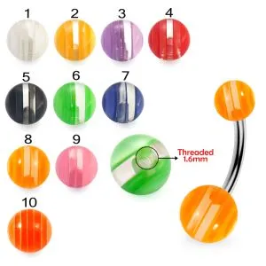 316L Surgical Steel Banana Belly Bar With White Faded Stripes UV Balls