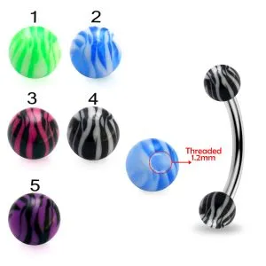 316L Surgical Steel Eyebrow Banana With Acrylic Zebra Painted Fancy UV Balls