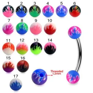 316L Surgical Steel Eyebrow Banana With Fancy Flame Print UV Balls