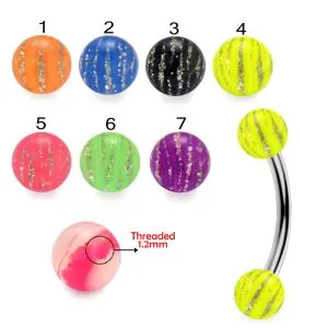 316L Surgical Steel Eyebrow Banana With Glitter Stripes UV Ball