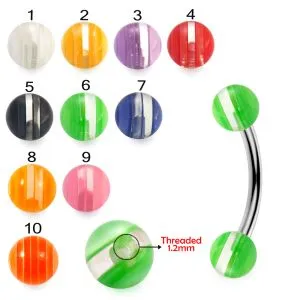 316L Surgical Steel Eyebrow Banana With White Faded Stripes UV Balls