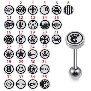 316L Surgical Steel Tongue Barbell with Laser Cut Logo on Top With Steel Balls