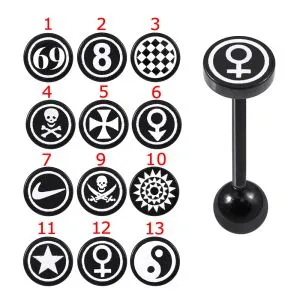 316L Surgical Steel Tongue Barbell with Black Anodised Logo on Top With Steel Balls