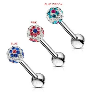 316L Surgical Steel Straight Barbell With Gem In Ferido Ball Tongue Piercing