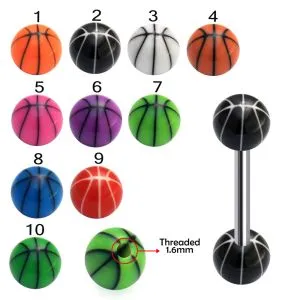 316L Surgical Steel Tongue Barbell With Basketball Print UV Balls