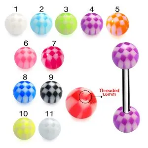 SS Tongue Barbell with Green Checkered UV Balls Body Jewelry