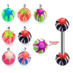 SS Tongue Barbell with Pink UV white Star Print Balls