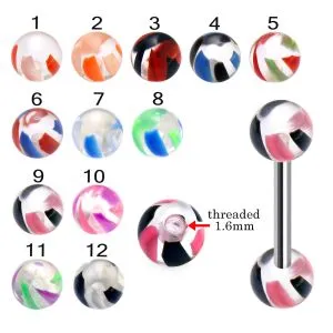 316L Surgical Steel Tongue Barbell With UV Fancy Marble Balls