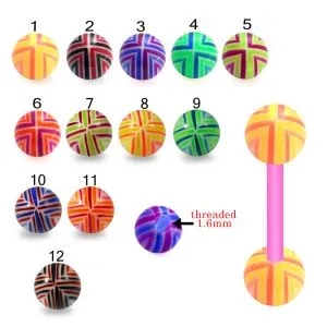 Bio Flex Tongue Barbell With Fancy Stripe Colorful Hand Painted UV Balls