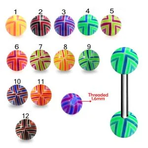 316L Surgical Steel Tongue Barbell With Fancy Stripe Colorful Hand Painted UV Balls