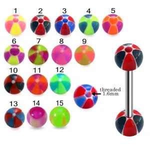 316L Surgical Steel Tongue Barbell With Hand Painted Beach Ball Design UV Balls
