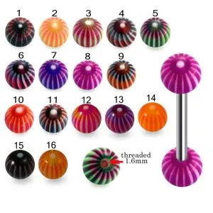 316L Surgical Steel Tongue Barbell With Multi Color Stripe UV Balls
