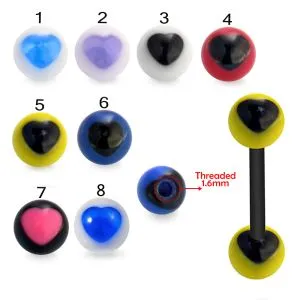 UV Tongue Barbell with White UV Heart Printed Balls