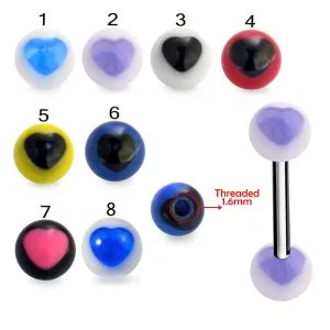 SS Tongue Barbell with White UV Blue Heart Print Balls