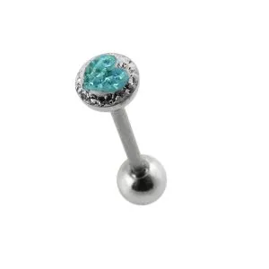 SS Tongue Barbell with PINK HEART Epoxy covered crystals