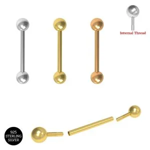 925 Sterling Silver Internally Threaded Straight Barbell Bar with Ball