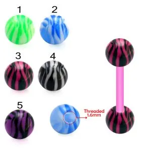 Bio Plast Tongue Barbell With Acrylic Zebra Painted Fancy UV Balls