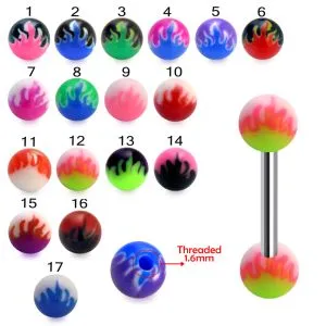 316L Surgical Steel Tongue Barbell With Fancy Flame Print UV Balls