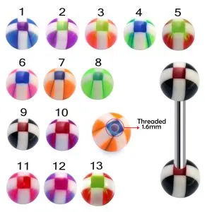316L Surgical Steel Tongue Barbell With Stripe Checker UV Ball