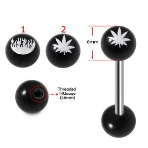 SS Tongue Barbell with Logo UV Top Black Ball and Plain Black UV Ball Base