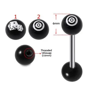 SS Tongue Barbell with Logo UV Black Ball Top and Black UV Ball Base