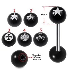 SS Tongue Barbell with Laser Printed Star Logo UV Top Black Ball and Plain Black UV Ball Base