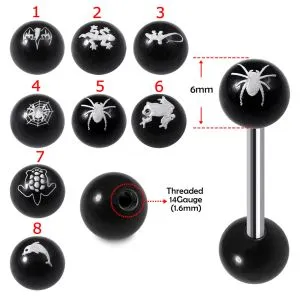 SS Tongue Barbell with Laser Printed Bat UV Logo Ball Top and Plain Black UV Ball Base