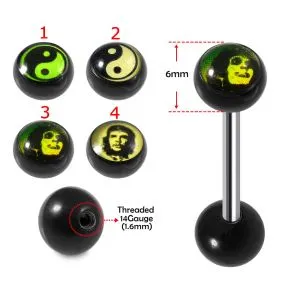 SS Tongue Barbell with UV Ying Yang Logo Ball Top and Plain Black UV Ball Base