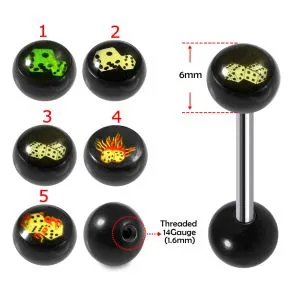 SS Tongue Barbell with UV Logo Ball Top and Plain Black UV Ball Base