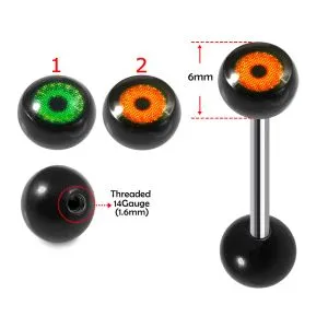 SS Tongue Barbell with Iris Logo UV Top Black Ball and Plain Black UV Ball Base