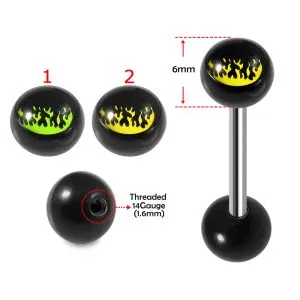 SS Tongue Barbell with Flame Logo UV Top Black Ball and Plain Black UV Ball Base